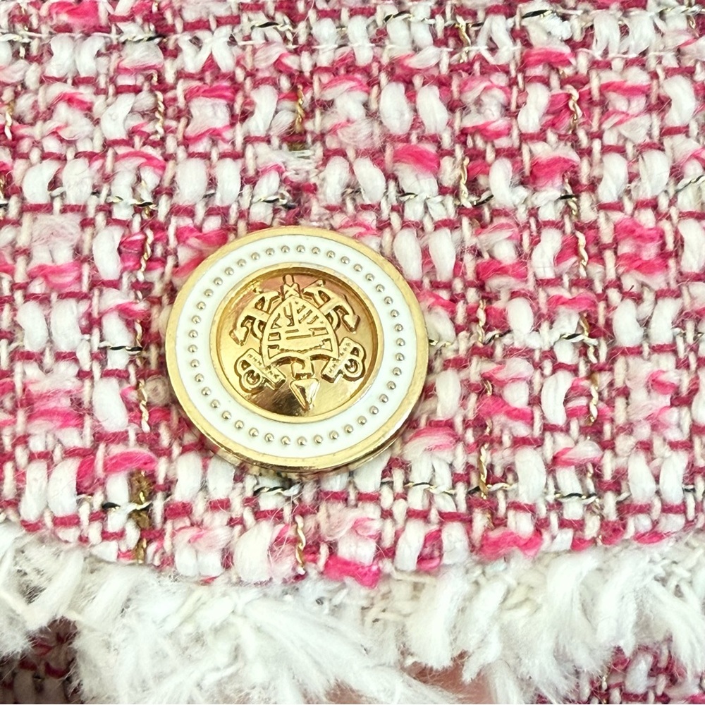 AQUA Women Tweed Blazer Jacket Pink Small Button Fringe Trim Metallic Business - Picture 9 of 16